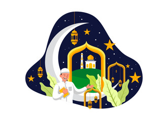 Ramadan themed Flat Design Illustration of a Boy Holding a Quran