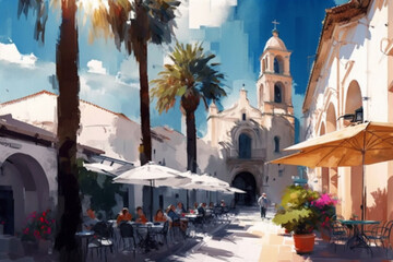 Obraz premium painting street scene white buildings. Generated AI