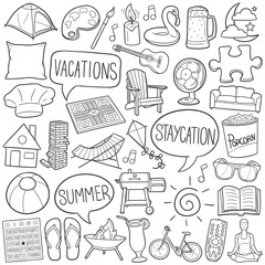 Staycation Doodle Icons. Hand Made Line Art. Home Vacations Clipart Logotype Symbol Design.