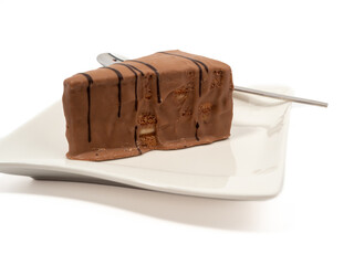 Piece of chocolate cake isolated on white background. A slice of chocolate cake.