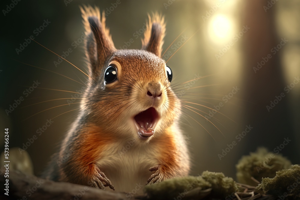 Poster a squirrel is making a funny face while standing on a tree branch in the woods cgstudio a photoreali