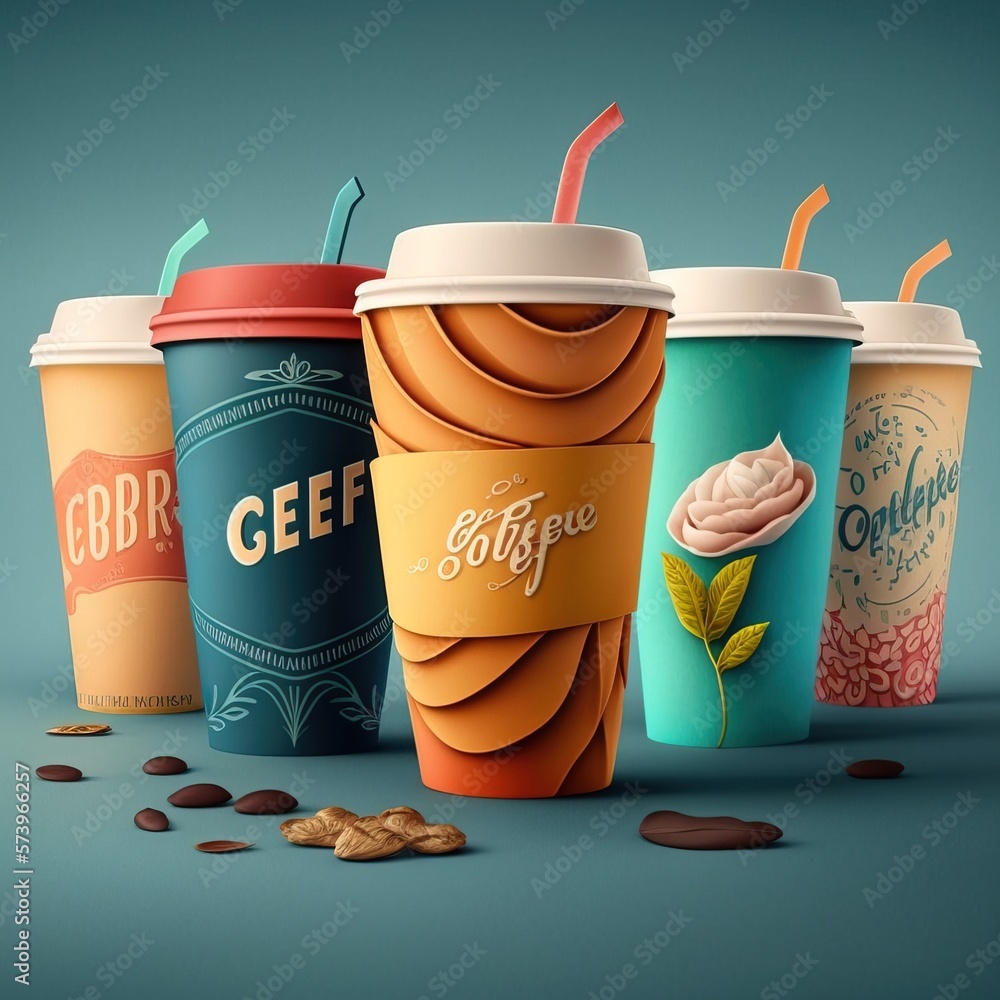 Poster a group of coffee cups with different flavors and flavors on them all lined up in a row highly detai