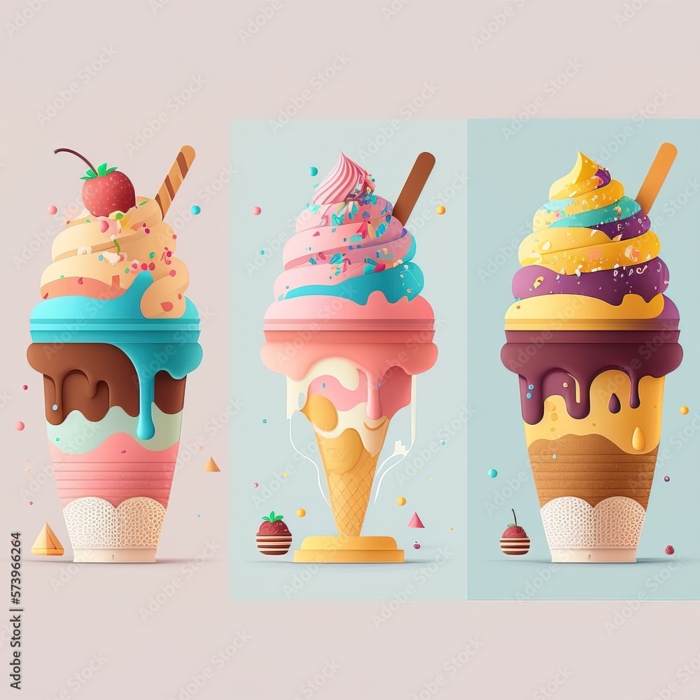 Poster three ice creams with different flavors and toppings on them one of them is colorful colorful flat s