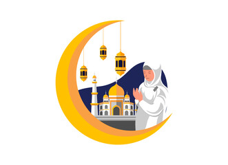 Flat Design Illustration of a Girl Praying with Mosque and Crescent Moon Elements