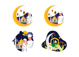 Flat Design Illustration set of Kids Praying Under the Crescent Moon in Ramadan