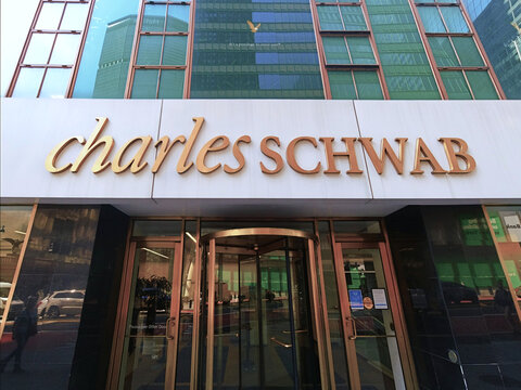 New York, NY - August 26, 2021: Charles SCHWAB New York office entrance near Grand Central Station in Manhattan