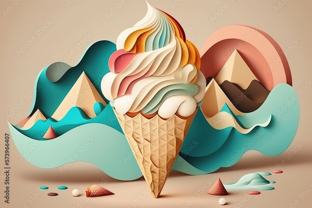 Poster an ice cream cone with a mountain in the background and a blue wave coming out of it colorful flat s