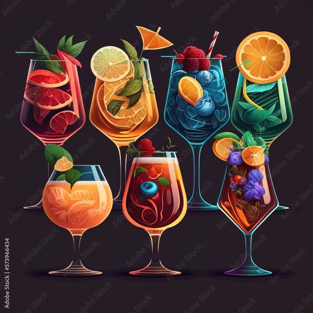 Aufkleber a group of different types of drinks on a black background with a black background and a black backg