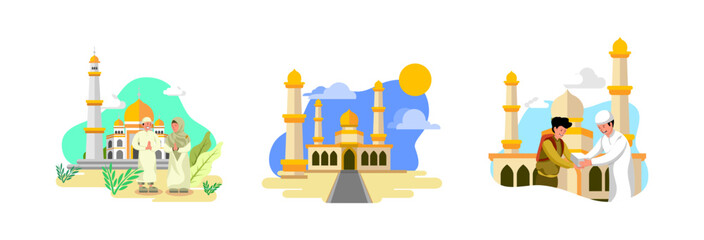Mosque Illustration Set in Flat Design Style with Silaturahmi and Forgiveness Concept