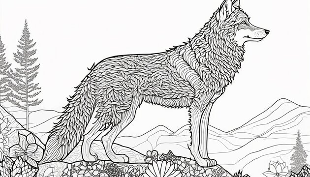 a cute coloring book for children that is still black and white, but waiting for colors and then it will become a wonderful colorful wolf