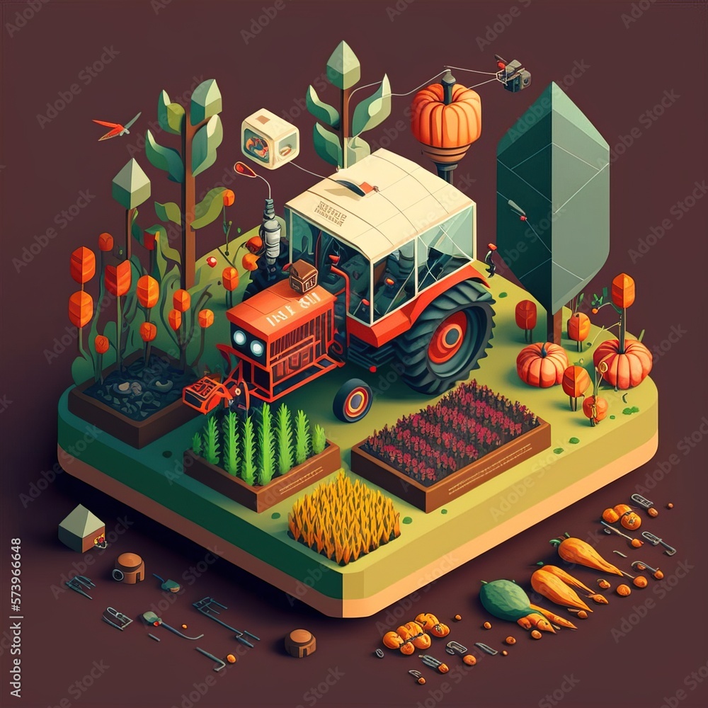 Poster a tractor is driving through a field of pumpkins and other vegetables with a box in the background g