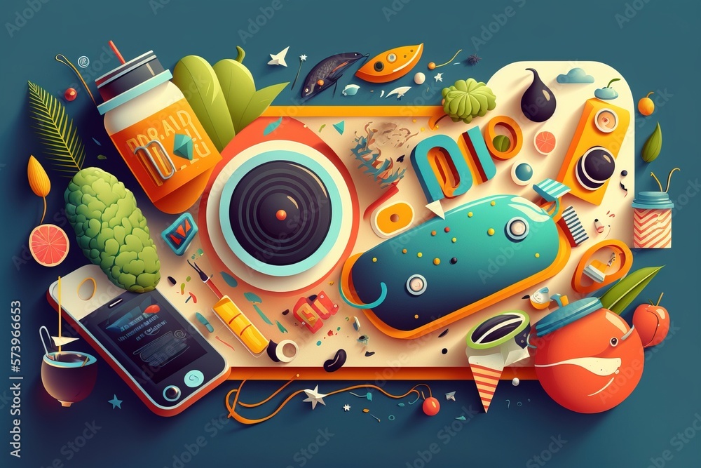 Poster a colorful illustration of a camera and other items on a table with a blue background colorful flat 