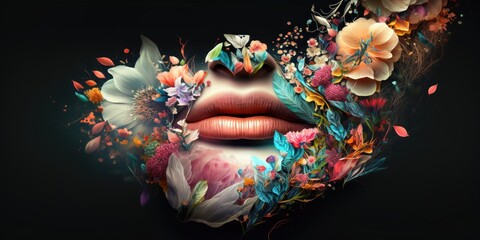Schöne Lippen mit Blumen auf schwarzem Hintergrund, Generative AI 