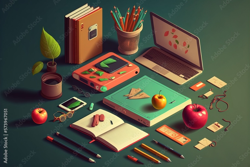 Fototapete A desk with a laptop books pencils and other items on it colorful flat surreal design computer graphics academic art