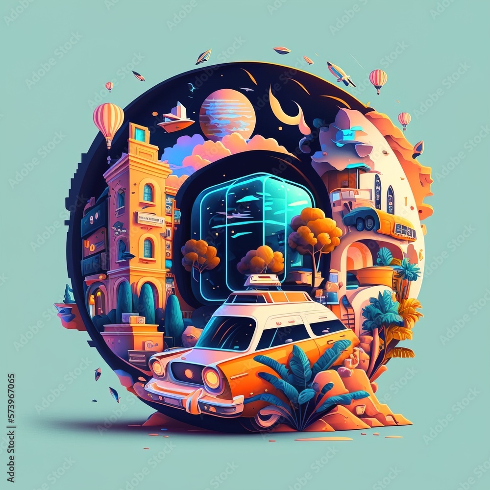 Poster a car is parked in front of a building with a clock on it's side colorful flat surreal design a stor