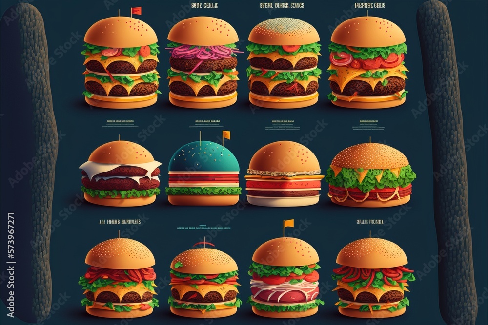 Poster a poster of a bunch of hamburgers with different toppings on them and a large amount of burgers colo