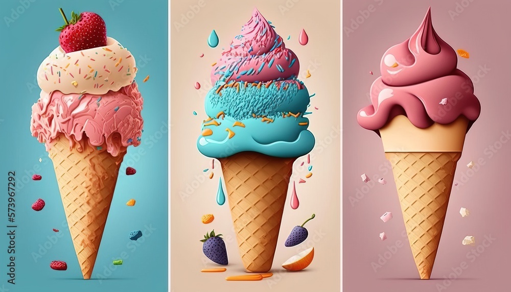 Poster three ice cream cones with different flavors of ice cream and strawberries on them one with a strawb