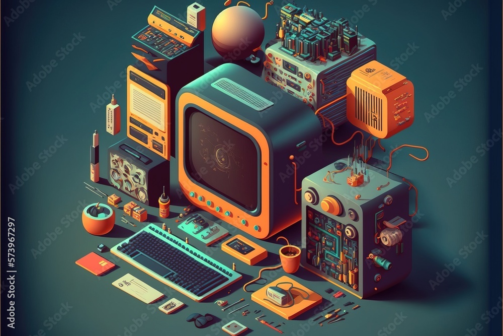 Poster a computer and other electronic devices are arranged in a pyramid on a blue background with a yellow