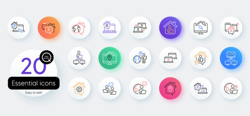 Work at home line icons. Bicolor outline web elements. Remote worker, Freelance job, Office employee. Stay at home, internet work, remote teamwork line icons. Vector