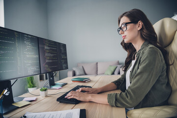 Profile side photo of professional computer expert intelligent smart lady concentrated upgrade site...