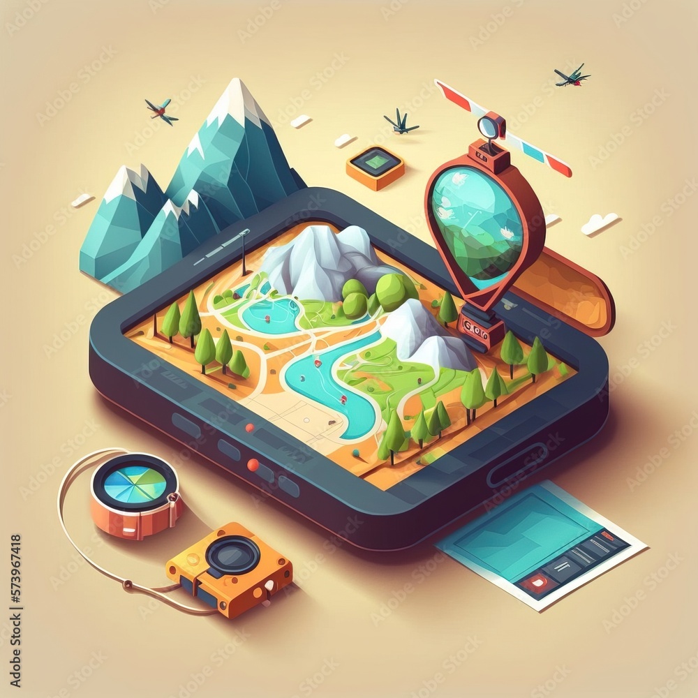 Poster a tablet with a map and a compass on it next to a cell phone with a gps editorial illustration compu