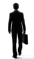 man with briefcase and open door to city