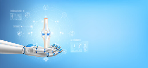 Bone joint float away from in robot hand. Futuristic medical cybernetic robotics technology. Innovation artificial intelligence robot assist care health. With copy space for text. 3D Vector.