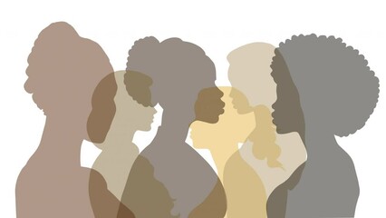 A variety of female silhouettes standing sideways. Strong and brave girls of different nationalities support each other. Concept of equality, international women's day, activism, feminism