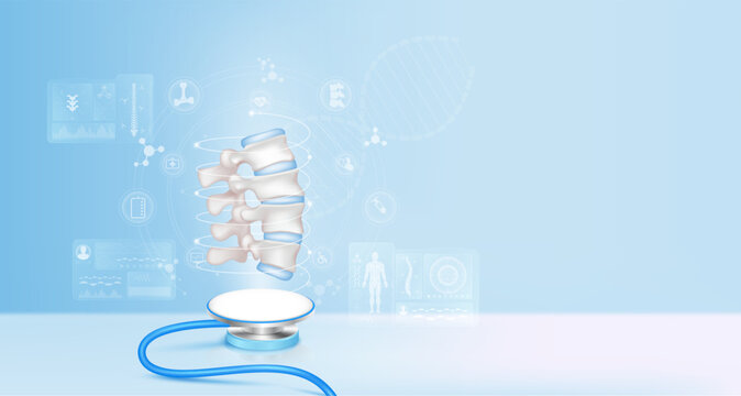 Spine bone disc healthy cartilage float away from stethoscope. Image virtual hologram on screen computer. Doctor diagnose digital data record. Electronic medical technology innovation. 3d Vector.