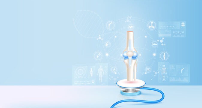 Bone joint healthy cartilage float away from stethoscope. Image virtual hologram on screen computer. Doctor diagnose digital data record. Electronic medical technology innovation. 3d Vector.
