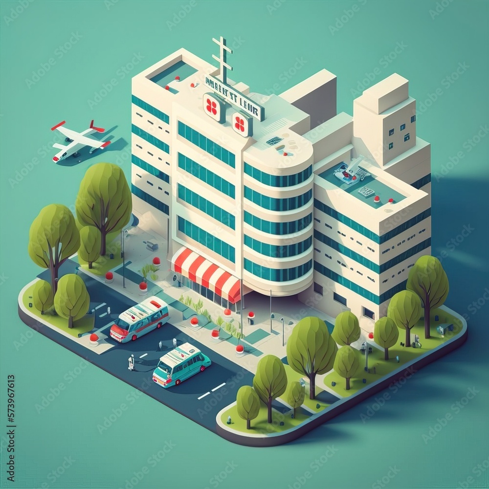 Poster a hospital building with a car parked in front of it and trees around it on a blue background isomet
