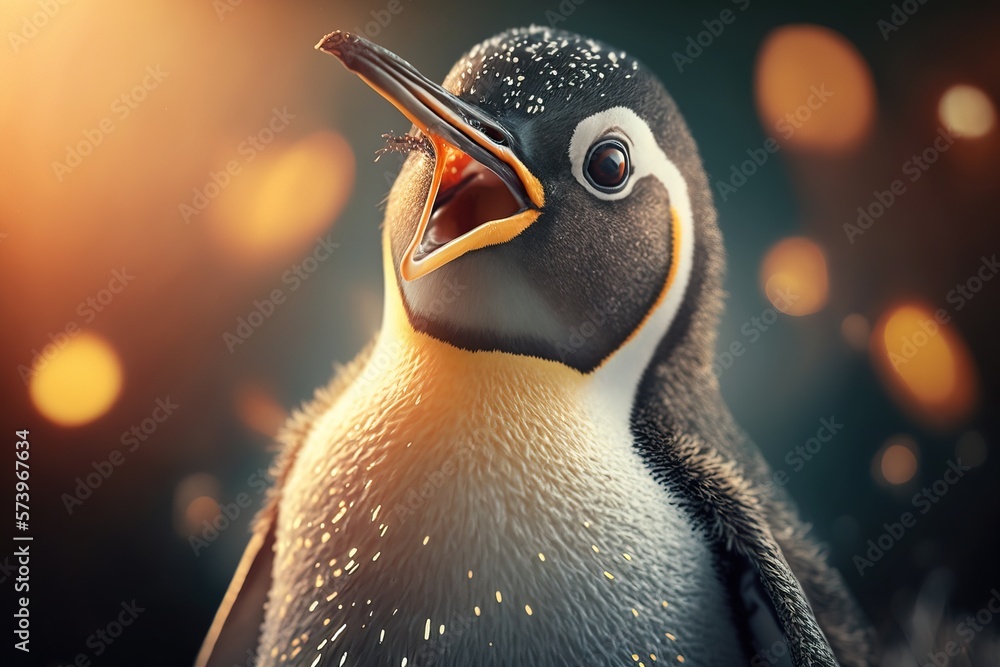 Poster a penguin with a beak open and a light shining on it's face and a blurry background ultra realistic 