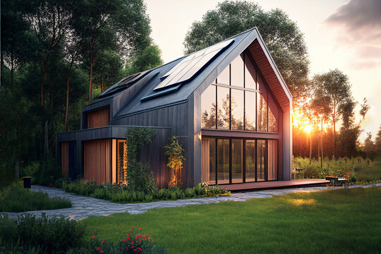 Exterior of ecologic cottage with big french windows and photovoltaics panels ,created with Generative AI technology.