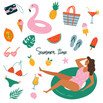 Set of summer elements - young woman swims on inflatable circle, swimsuit, sunglasses, camera, flamingo inflatable swimming pool ring, ice cream, fruits and lettering Summer Time. 