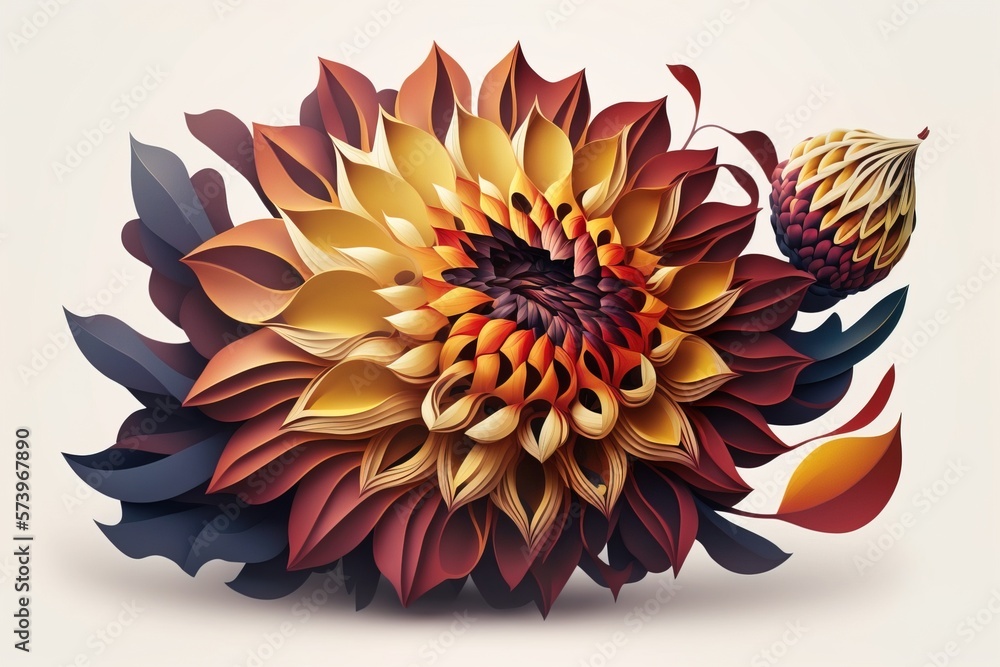Poster A large flower with many leaves on it's petals and a large flower with many leaves on it's petals colorful flat surreal design a 3d render generative art