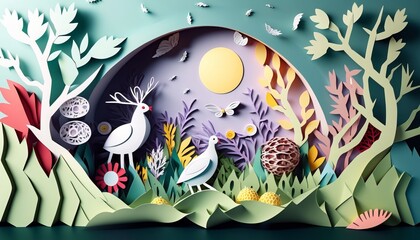 Easter Concept. Cute Paper Cut Art. AI generative.