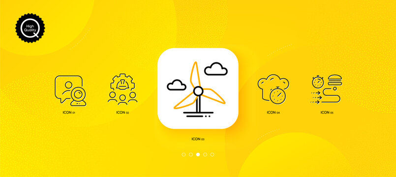 Windmill turbine, Food delivery and Video conference minimal line icons. Yellow abstract background. Engineering team, Cooking timer icons. For web, application, printing. Vector