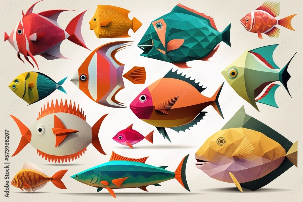 Poster a group of colorful fish on a white background with a shadow effect in the middle colorful flat surr