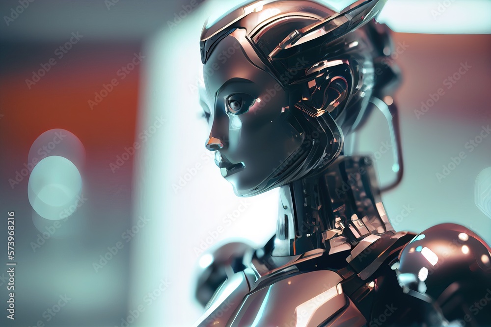 Aufkleber a robot is standing in a room with a blurry background and a light shining on i render a 3d render
