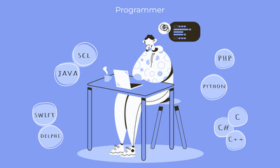 The young programmer concentrated on working on the project. Development of programming and coding technologies. Different programming languages. Vector flat illustration