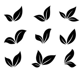 black hand drawn leaves set silhouettes icons
