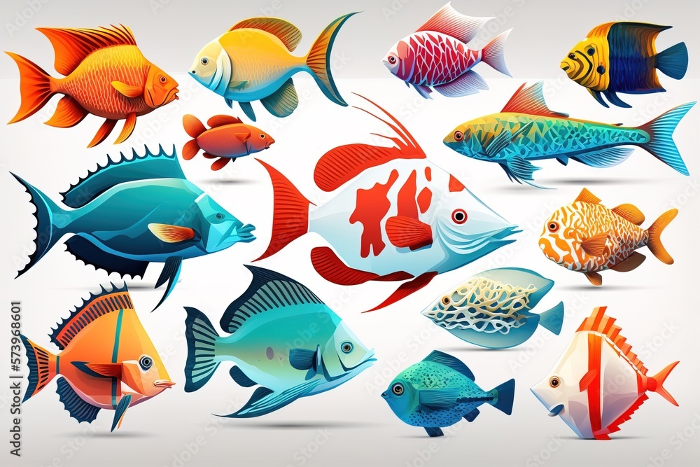 Aufkleber a collection of different colored fish on a white background with a shadow effect in the middle colo