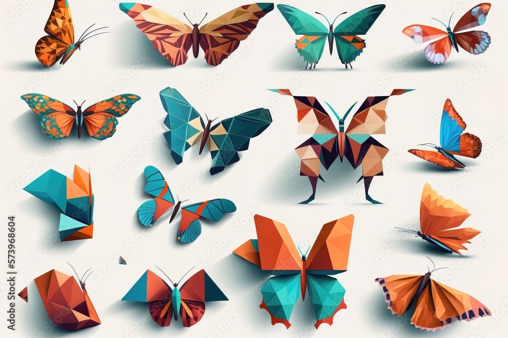 Poster a bunch of different colored butterflies on a white background with a shadow effect of them colorful