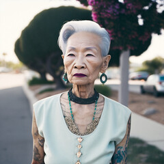 Generative ai portrait beautiful asiatic old  tattoed woman fashionable posing