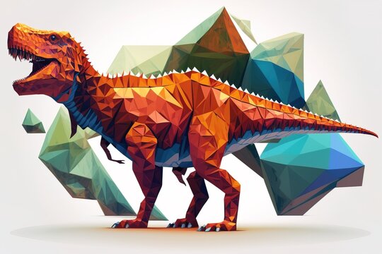 A colorful dinosaur standing in front of a mountain of rocks and triangles of different colors low poly a low poly render generative art © CleverStock