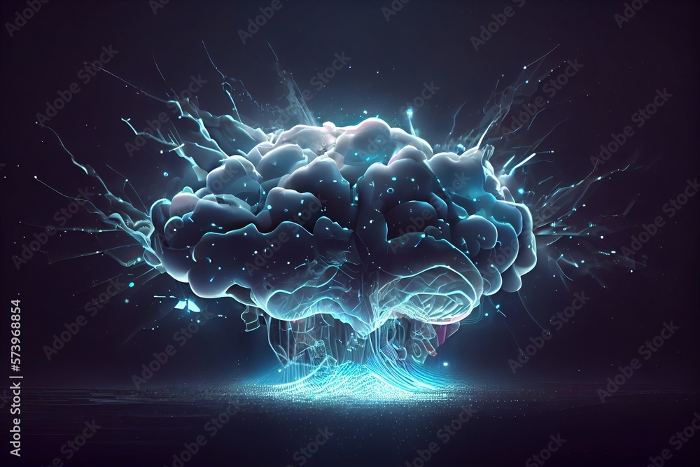Poster a digital painting of a brain with a lot of bubbles and water around it thunderstorm a 3d render com