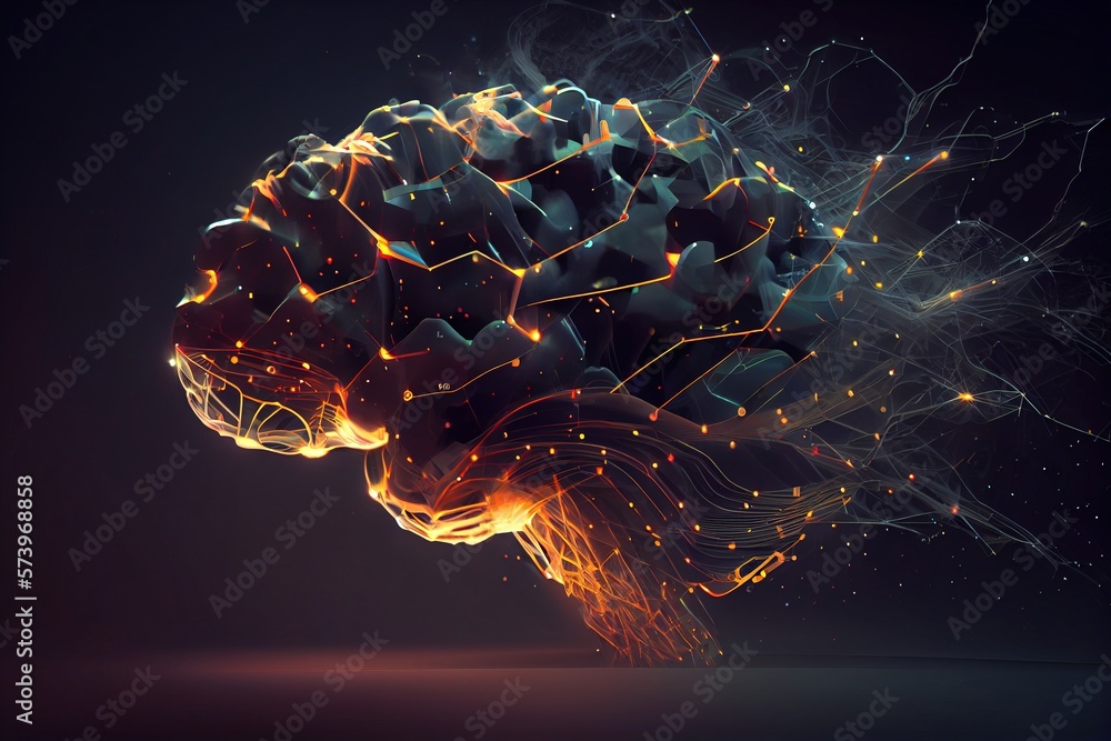 Poster a computer generated image of a human brain with glowing lines and dots in the center high coherence