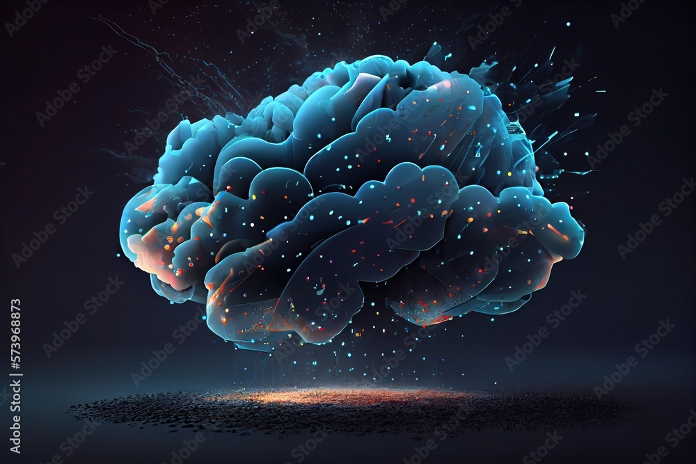 Poster a computer generated image of a brain with a lot of bubbles and stars coming out of it affinity phot