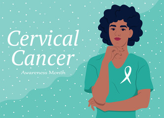 Ovarian Cancer Awareness Month in England. Ovarian Cancer Awareness Ribbon. African American woman and symbol of health. Vector template for banner, greeting card, poster with background.