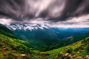 Fototapeta premium Foggy mountains with snowy peaks with lush forest and dark looming clouds, created with Generative AI technology